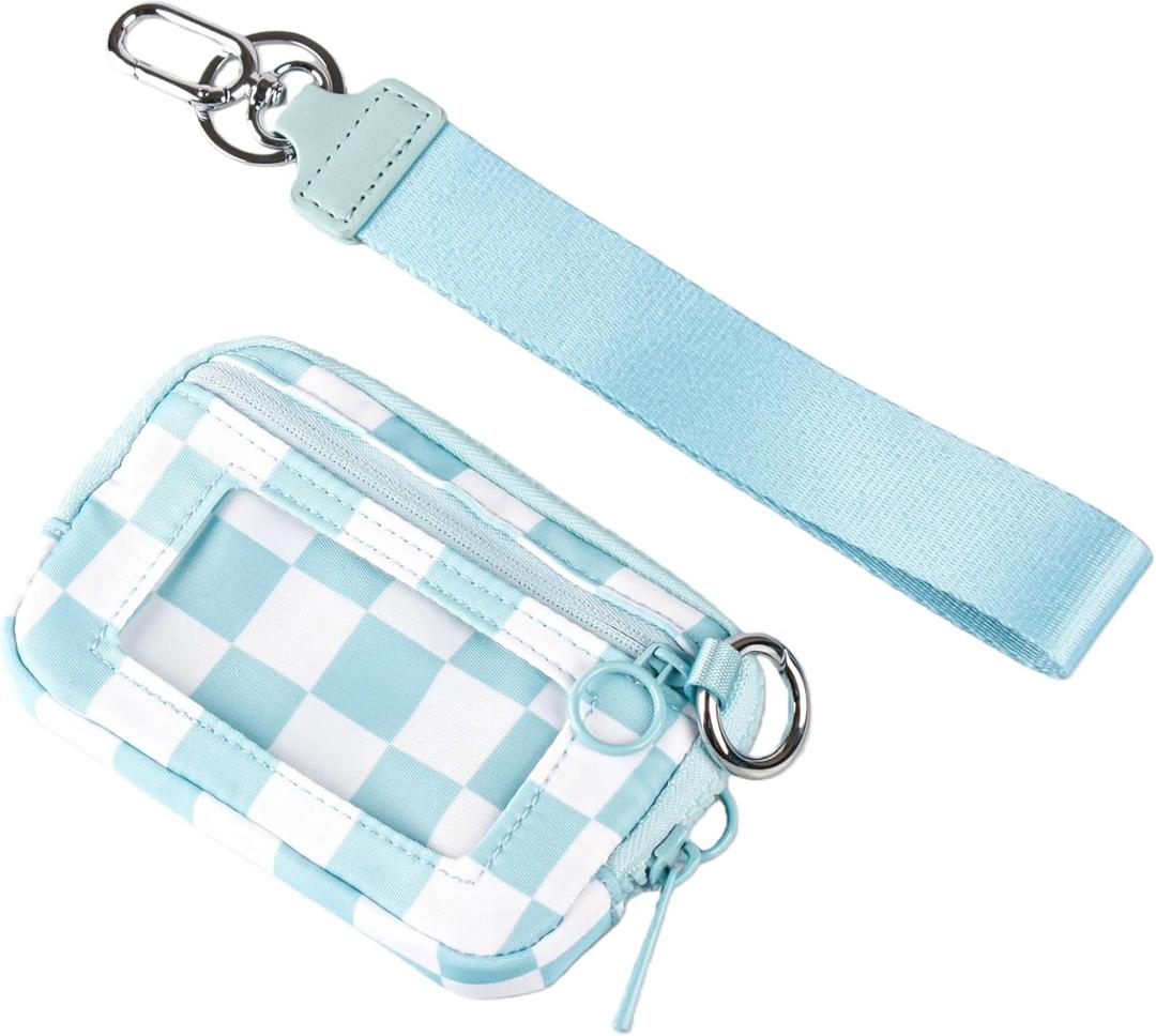 Wristlet Wallet for Women Mini Zip Card Case with Clear ID Window Zipper Coin Purse Lightweight Portable Keychain Wallet(Blue Lattice)
