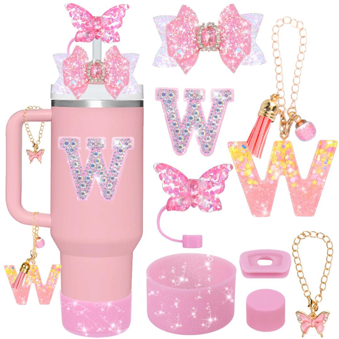 Mity rain 8Pcs Accessories for Stanley Cup with Handle 40OZ/30OZ, Including Diamond Straw Topper/Spill Proof Stopper/Silicone Boot/Bow Decortion/Letter Charms A-Z (W)