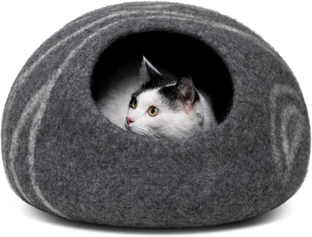 MEOWFIA Cat Cave  Premium Felt Cat Bed for Indoor Cats, Handmade 100% Merino Wool (Dark Shades) (Large, Dark Grey)