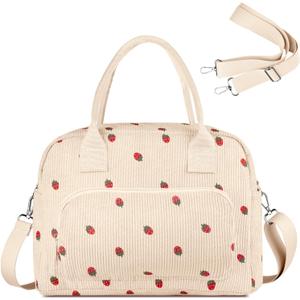 FITDON Insulated Lunch Bag for Women Men, Large Lunch Box Container Leakproof Corduroy Cooler Bag Lunch Tote Bag for Work Picnic, Beige Strawberry