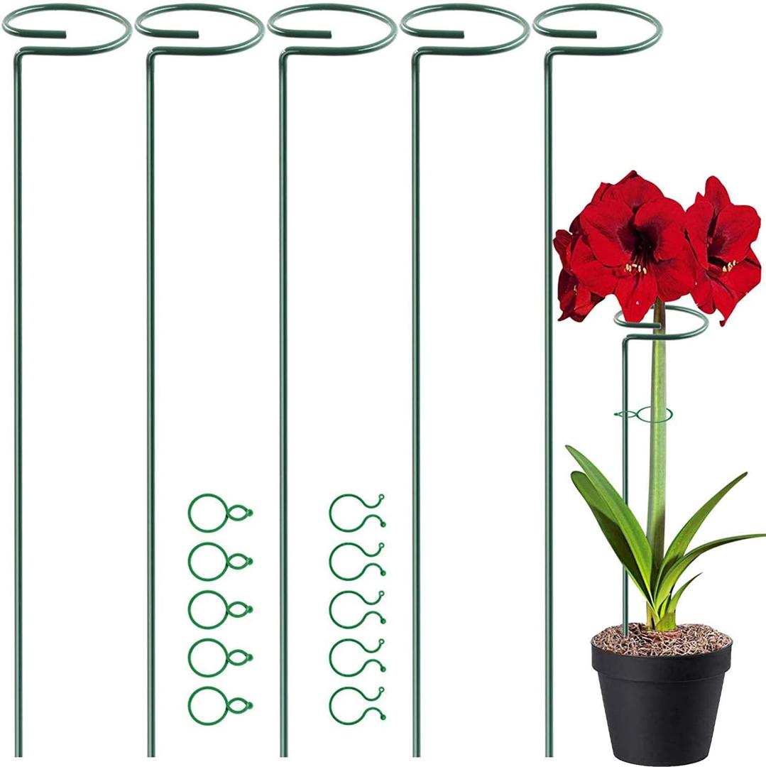 HiGift 5 Pack 17 inch Plant Support Stakes, 4mm Thick Garden Single Stem Flower Support Stake Amaryllis Plant Cage Support Rings with 10 pcs Plant Clips for Tomato Orchid Lily Peony Rose Flower Stem (17 Inch-5 Pack)