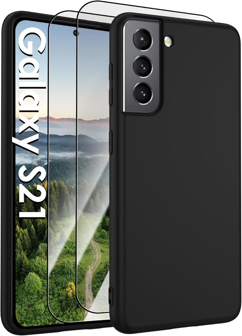 for Samsung Galaxy S21 Case,Liquid Silicone Upgrade [Soft Anti-Scratch Microfiber Lining][2 HD Screen Protector][Full Camera Protection] Shockproof Phone Case for Samsung S21 6.2 inch -Black