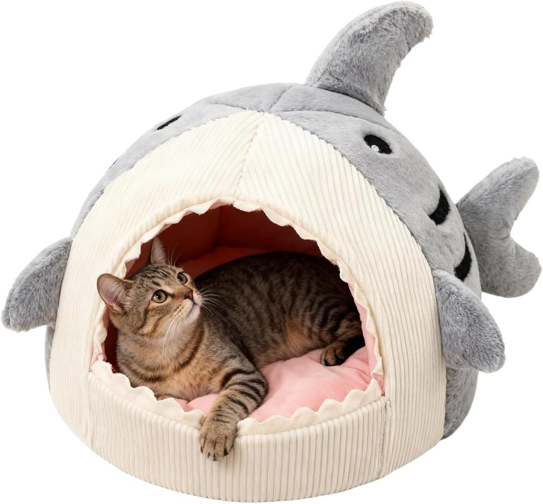 Cat Cave Bed | Shark Plush Nest Anti-Slip Bottom - Cartoon Cat Nest Small Dog Bed - for Kitten Puppy Small Dog Pet Indoor Sleeping Calming Bedroom Living Room Balcony Apartment Winter (Gray)