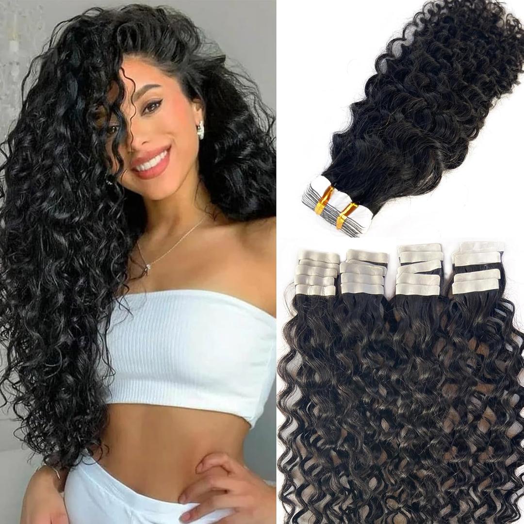 Water Wave Tape in Hair Extensions Human Hair 26 Inch Natural Black Hair Extensions Real Remy Human Hair Tape-ins for Black Women, 50g/pack 20pcs Double Sided Invisible Tape Hair Extension, #1B(WW)