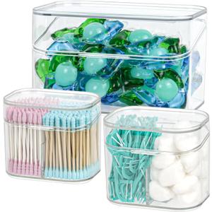 Clear Bathroom Organizer, 2-Size Essentials Set for Hail Accessories & Beauty Supplies, Cotton Swabs, Balls, Pads - Small Clear Plastic Canister Apothecary Jar Set, Vanity Makeup Storage Organizer (L+2S)
