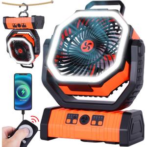 20000mAh Emergency Battery Powered Fan & LED Light, Battery Operated Rechargeable Fan for Power Outage, Car Defrosting, Indoor Use with 360 Oscillating & Hook, 8H Timer, Portable Camping Fan