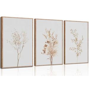 EFGETTPD 3Pcs Wildflower Floral Wall Art Beige Botanical Canvas Paintings Nature Wilderness Wall Decor Prints Minimalist Boho Farmhouse Posters Pictures for Living Room Bedroom Office Unframed (Frames Are Not Included)