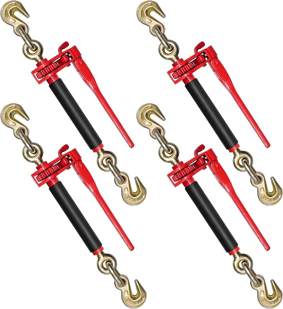 4 Pack 5/16" - 3/8" Heavy Duty Folding Handle Ratchet Chain Binder Load Binder with Grab Hooks 7,100 lbs WLL | Chain Binders for Flatbed Truck Trailer Tie Down