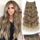 KooKaStyle Invisible Wire Hair Extensions with Transparent Wire Adjustable Size 4 Secure Clips Long Wavy Secret Synthetic Hairpiece for Women(24 Inch 10T613#Ash Brown mix Bleach Blonde)