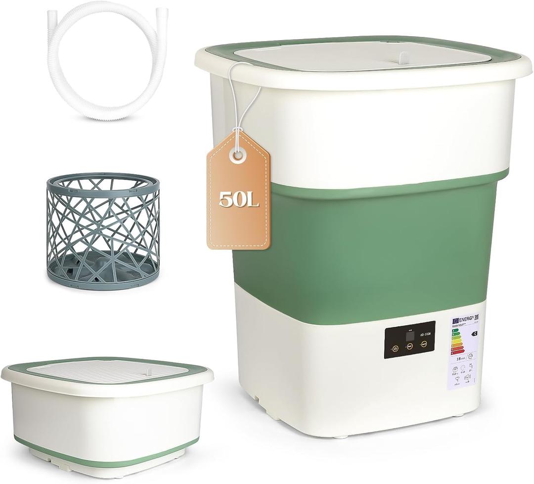 Portable Washing Machine, 1.8 Cu.Ft Large Capacity Foldable Washer with Spin Basket & 150W Motor, Timer Control for Apartment, RV, Camping & Travel No Laundry Room Needed (White Green)