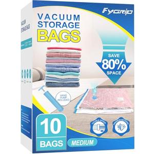 Fygrip Vacuum Storage Bags with Hand Pump, Plastic Packaging Bags, 80% Space Saver Vacuum Seal Bags for Clothing, Travel Lugggage, Blankets, Comforters, 10 Medium