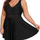 Hanna Nikole Womens Plus Size Swim Dress Swimsuits Two Piece Mesh Front Tankini Bathing Suits Flowy Swimwear with Boyshorts (Black)