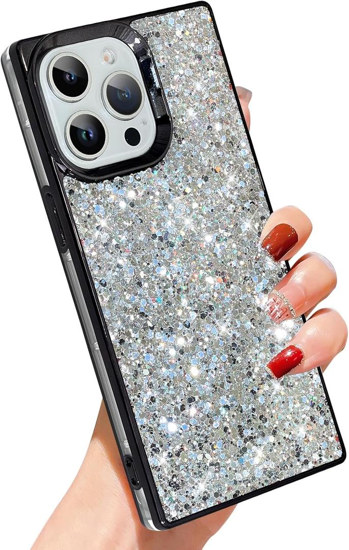 SAKUULO for iPhone 15 Pro Max Case Glitter, Luxury Sparkly Shiny Bling Back, Plating TPU Shockproof Bumper Protection Slim Cover 6.7inch for Women Girls- Black Glitter Crystal