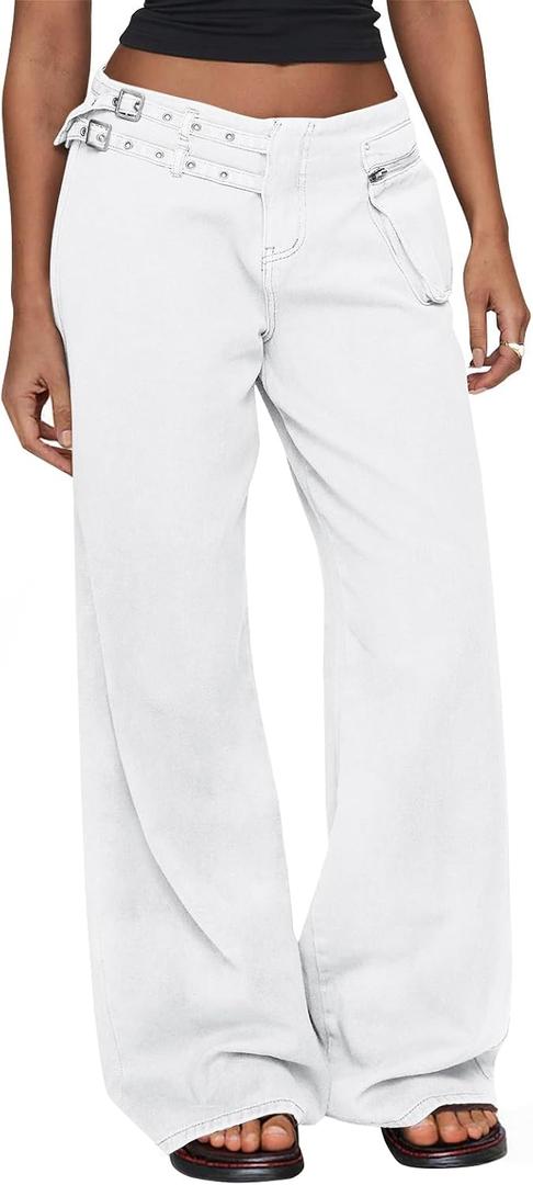 Cicy Bell Womens Low Rise Wide Leg Cargo Jeans with Buckle Detail Multi Pockets 100% Cotton Y2k Baggy Denim Pants, 08