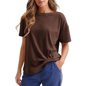 Cicy Bell Womens Summer Short Sleeve Tops Casual Crew Neck T-Shirts Loose Fit Twist Front Basic Tees Coffee (Brown, L)