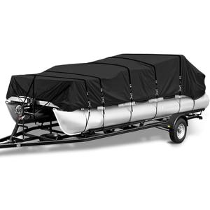 1200D Heavy-Duty Pontoon Boat Cover, Metal Windproof Buckle Straps Waterproof Fade and Tear Resistant Trailerable UV-Proof Pontoon Covers Fit 25ft-28ft Long (Black)