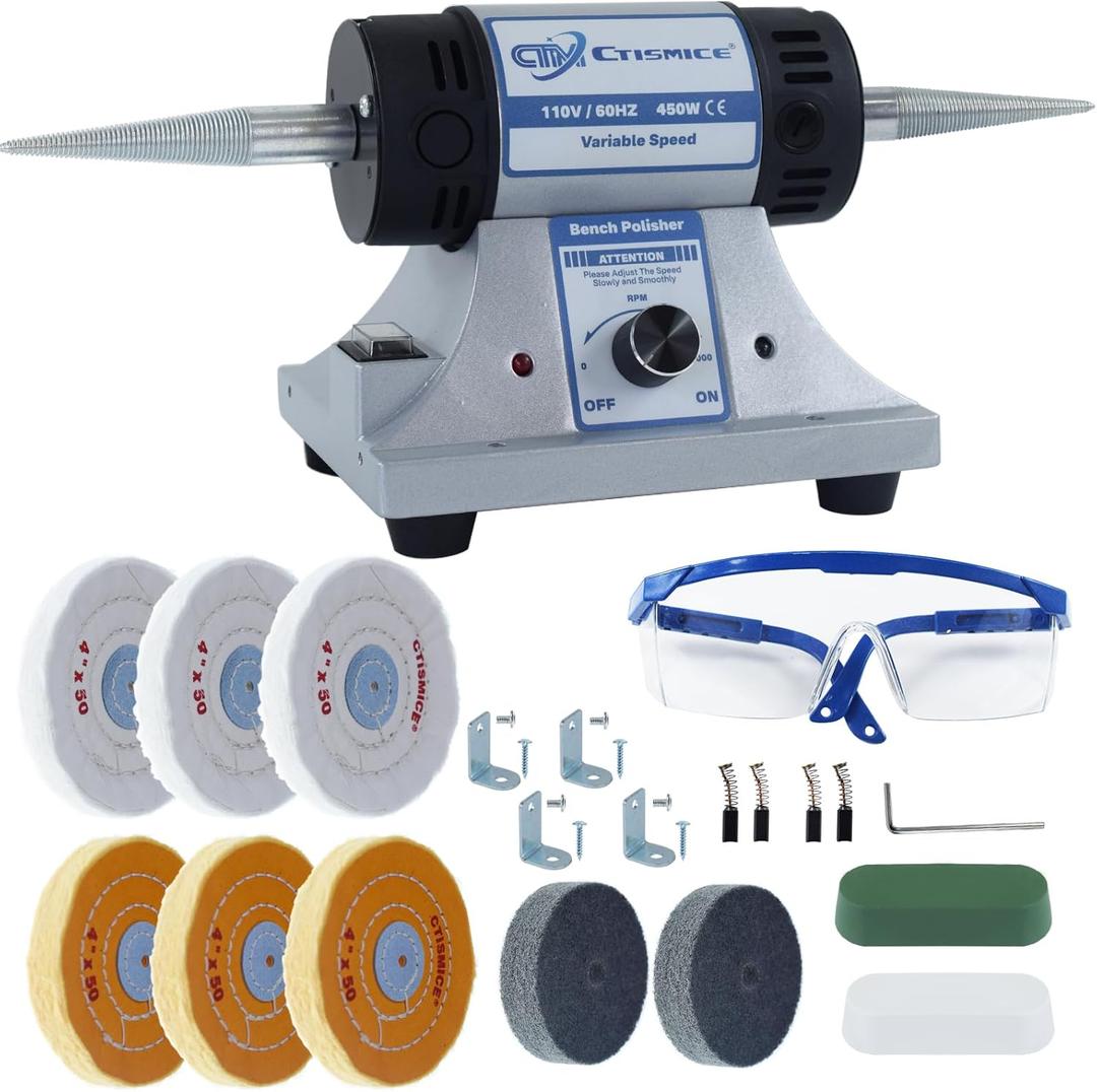 Jewelry Bench Polisher, Adjustable Variable Speed Benchtop Polishing Machine, 450W Buffer Grinder with 8pcs Buffing Wheels, 2pcs Polish Compound, Safety Glasses for Jewelry, Metal, Wood