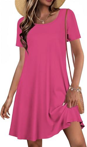 JOLIGAL Summer Dresses for Women Casual Short Sleeve Sundress Scoop Neck Beach T Shirt Dress with Pockets(Deep Pink, L)