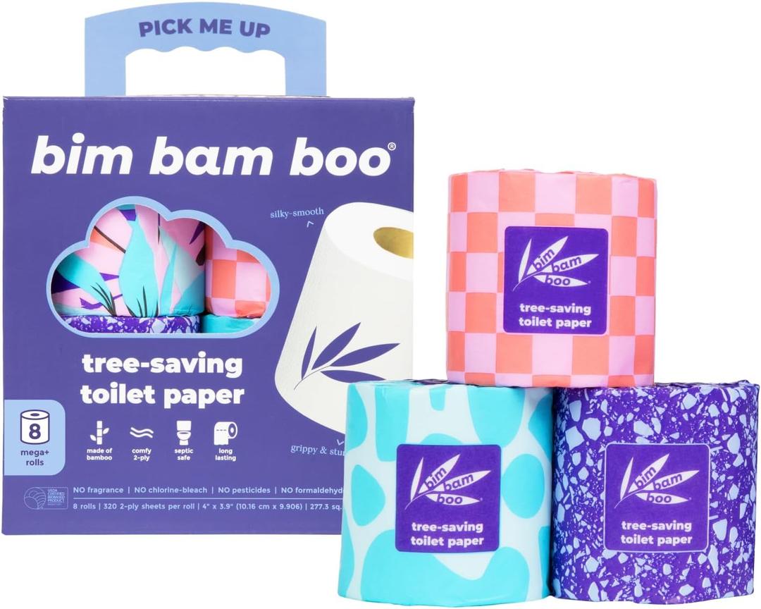Bim Bam Boo PFAS-Free Bamboo Toilet Paper, 2-Ply, 8 Rolls, 295 Sheets Each