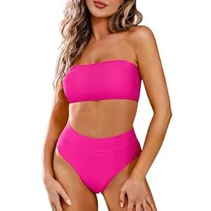Pink Queen Women's Bandeau High Waist Bikini Set Removable Strap Swimsuit Bathing Suit Bright Pink, Medium