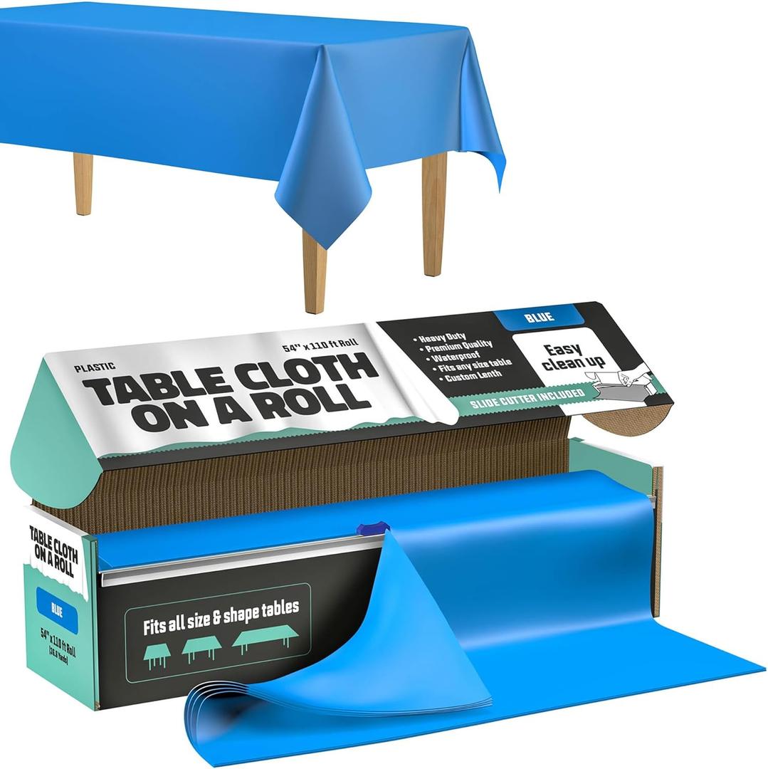 Tablecloth Roll  54" X 110' Blue Premium Plastic Table Cloths with Cutter Box - Cut to Size - Decorative Rectangle Table Cover Smooth Tablecloth - Disposable Table Cloths for Parties, Weddings.