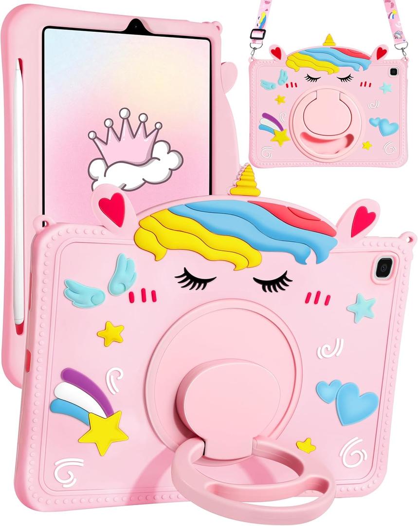 for Galaxy Tab S6 Lite Case - with Pen Holder Cute Cartoon Unicorn Silicone Cover with Rotating Stand & Strap Girly Teens Girls for Samsung Galaxy Tablet S6 Lite 10.4" Cases