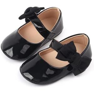 Sawimlgy Baby Girls Mary Jane Sequins Crown Flats PU Leather Wedding Party Princess Ballet Shoe Infant Rubber Sole Prewalker Toddler First Crib Shoes (12-18 Months Toddler, 02 Black)