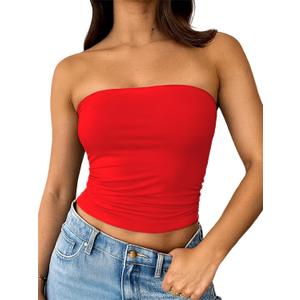 ForeFair Women Strapless Tube Tops Double Lined Ruched Backless Bandeau Going Out Top Basic Tank Tops (Red, S)