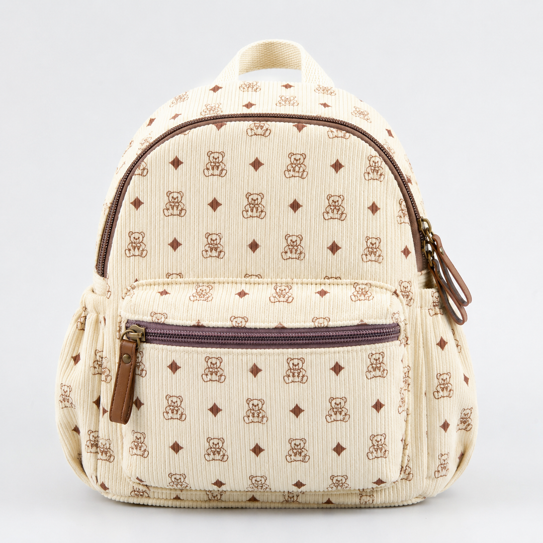 Corduroy Teddy Bear Pattern Mini Backpack, Cream, Zipper Closure, Adjustable Shoulder Straps