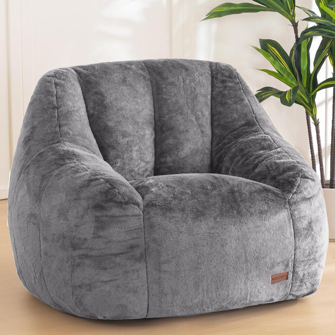 MAXYOYO Bean Bag Chair, Comfy Bean Bag Sofa with Back Support, Faux Fur Bean Bag Chair for Adults and Kids, Stuffed Floor Sofa for Living Room, Bedroom, Apartment, Grey (Large)