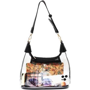 Clear Shoulder Bags for Women, Stadium Approved Cute Hobo Tote Crossbody Handbag Mini Clutch Purse (Black)