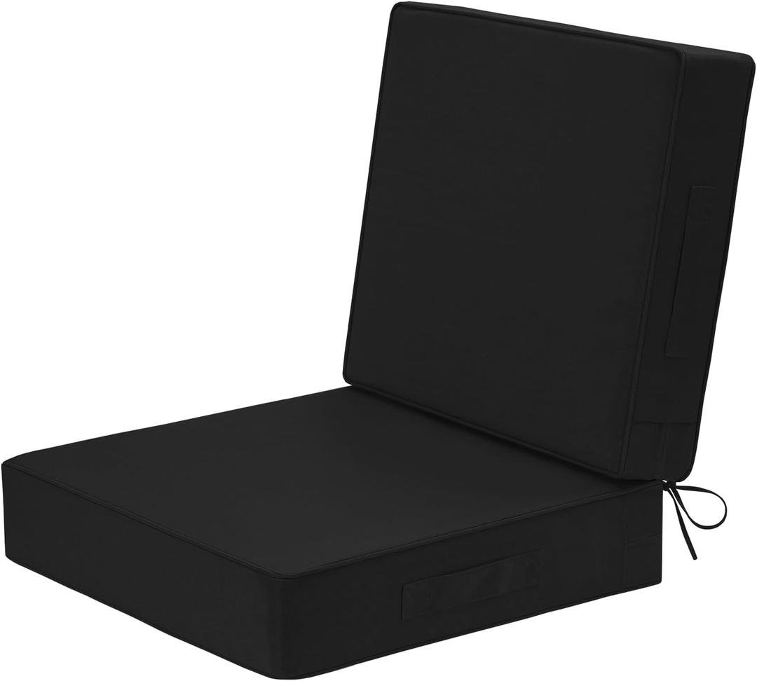 Wellsin Outdoor Deep Seat Patio Cushions, 24 x 24 Waterproof & 3-Year Fade Resistant Outdoor Cushions with Removable Covers,Ties and Handle for Chair, Sofa, Couch, Black