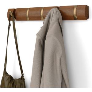 Umbra Flip Wall-Mounted Coat Rack with 5 Hooks  Modern, Space-Saving Storage for Hats, Jackets, Bags, Entryway, Mudroom, Closet, Bathroom, Bedroom  Light Walnut/Gold