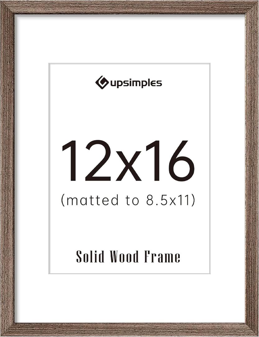 Upsimples 12x16 Picture Frame, Natural Solid Wood Picture Frames, Display 8.5x11 with Mat or 12 x 16 Without, Vertical & Horizontal Wall Hanging, 1 Pack, Brown