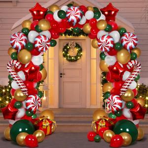RUODON Christmas Balloon Arch Kit - 233 Pieces with Candy, Cane, Latex, Gift Box & Star Balloons for Party Decorations (Red, Green, Gold, White)