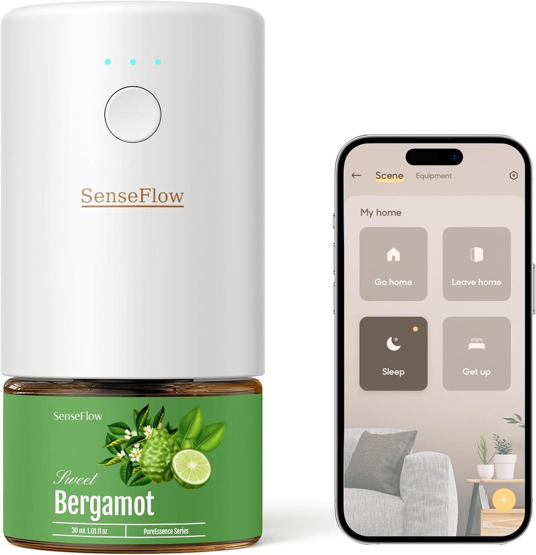 SenseFlow SF101S Smart Wi-Fi Waterless Plug-In Air Freshener, 100% Plant-Based Ultrasonic Diffuser, Adjustable 120-Day Scent Air Mist, Covers 100 for Home, Hotel-Bergamot