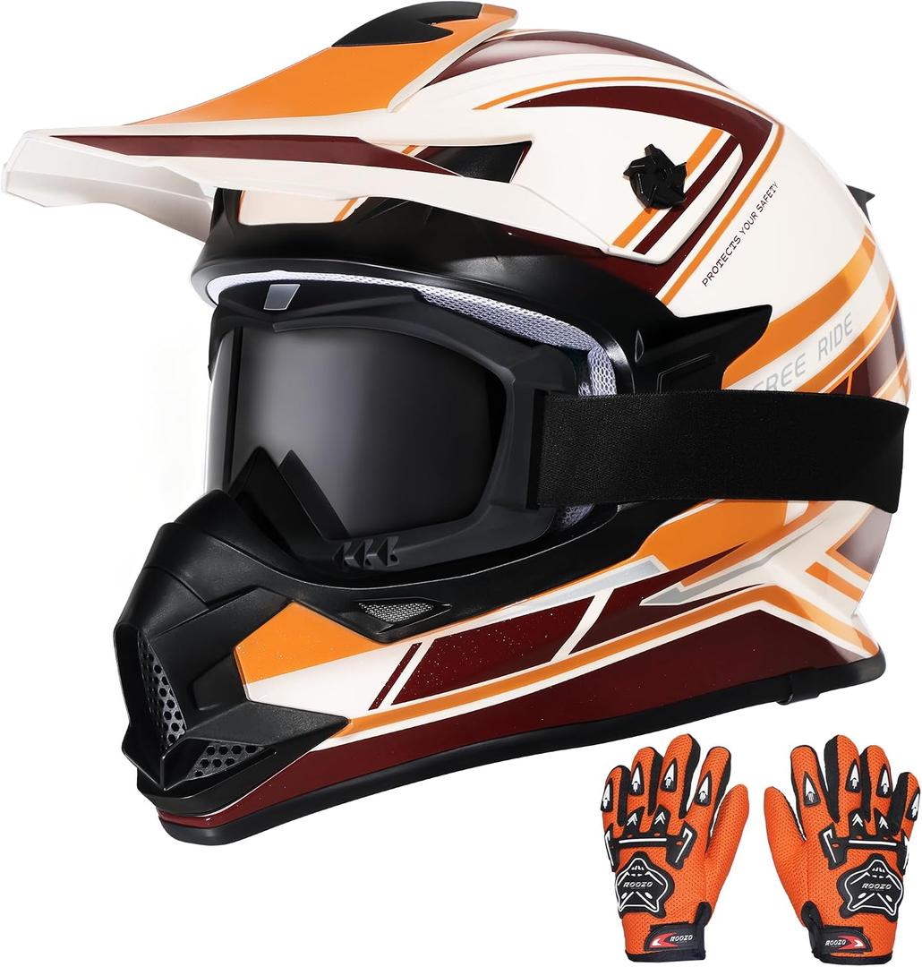 Kids Dirt Bike Helmets Youth ATV Helmet, Kids Motocross Helmet for Off Road, UTV, BMX, Street Riding Motorcycle Helmet with Goggles Gloves, DOT Approved Large