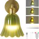 FULEN Battery Operated Wall Sconce with Green Tulip Glass Lampshade Wireless Sconces 10000mAh Rechargeable Battery Powered Wall Light with Remote Control for Vintage Decor Bedside Bedroom Livingroom