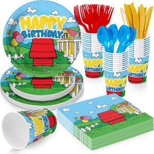 Cartoon Dog Party Supplies for kids Cartoon Themed Birthday Party, Peanuts Party Decorations Disposable Tableware Set With Plates, Cups, Napkins & Cutlery for 24 Guests