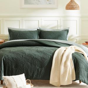 Geniospin Queen Comforter Set - 7 Pieces Dark Green Bedding Set, Botanical Textured Comforter Bed Set, All Season Lightweight Bed in a Bag with Comforter, Sheets, Pillowcases & Shams