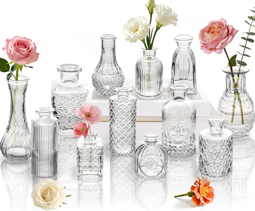 Clear Glass Bud Vase Set of 12 Pcs,Small Bud Vases in Bulk,Glass Crystal Flower Vases Table Centerpieces for Party Event Wedding Decor Baby Shower Decorations (Clear, 12 Pcs)