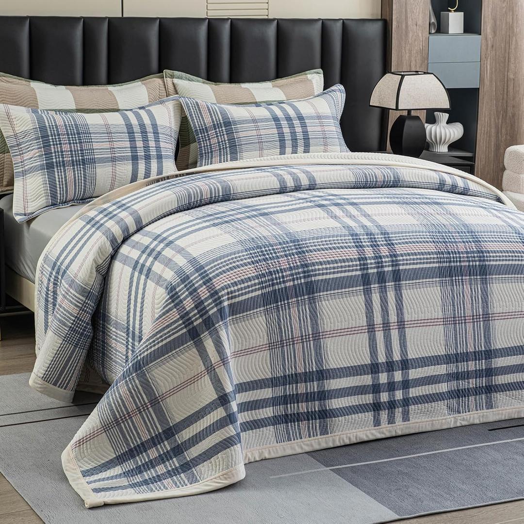 Cotton Plaid Quilt Set, Ultra Soft 3 Pieces Queen Size Bedding with 2 Pillow Shams, Lightweight Reversible Coverlet Bedspread with Wave Quilting for Summer, 90"x96", Grid-Blue White
