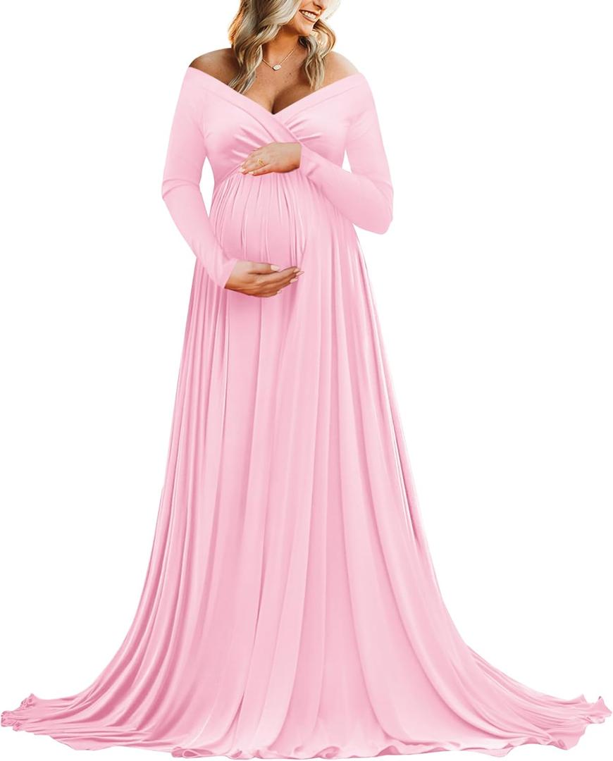 Saslax Maternity Off Shoulders Half Circle Gown for Baby Shower Photo Props Dress (N-pink 29) XL