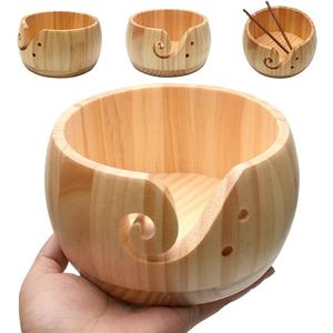 Wooden Yarn Bowl with Bamboo Crochet Hooks & Holes, Knitting Accessories DIY Hand Craft Yarn Storage Bowls for Yarn Balls & Skeins, Birthday Gifts for Mom & Knitting Lovers (Type B)