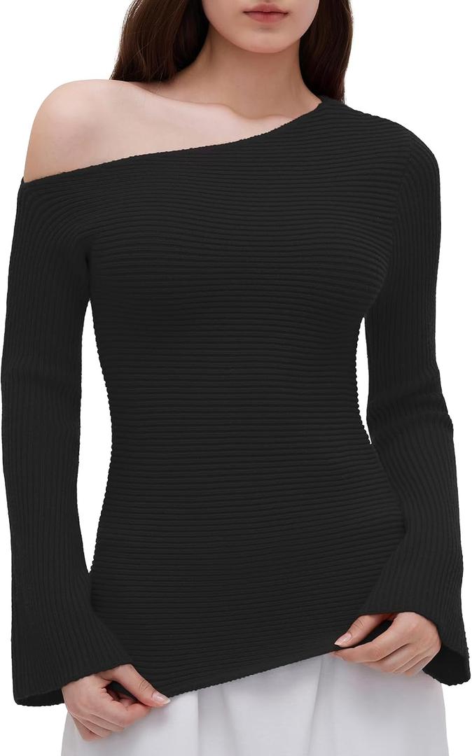 OMKAGI Off the Shoulder Fall Sweaters for Women Trendy Slim Fit Ribbed Knit Long Sleeve Top (Black, M)