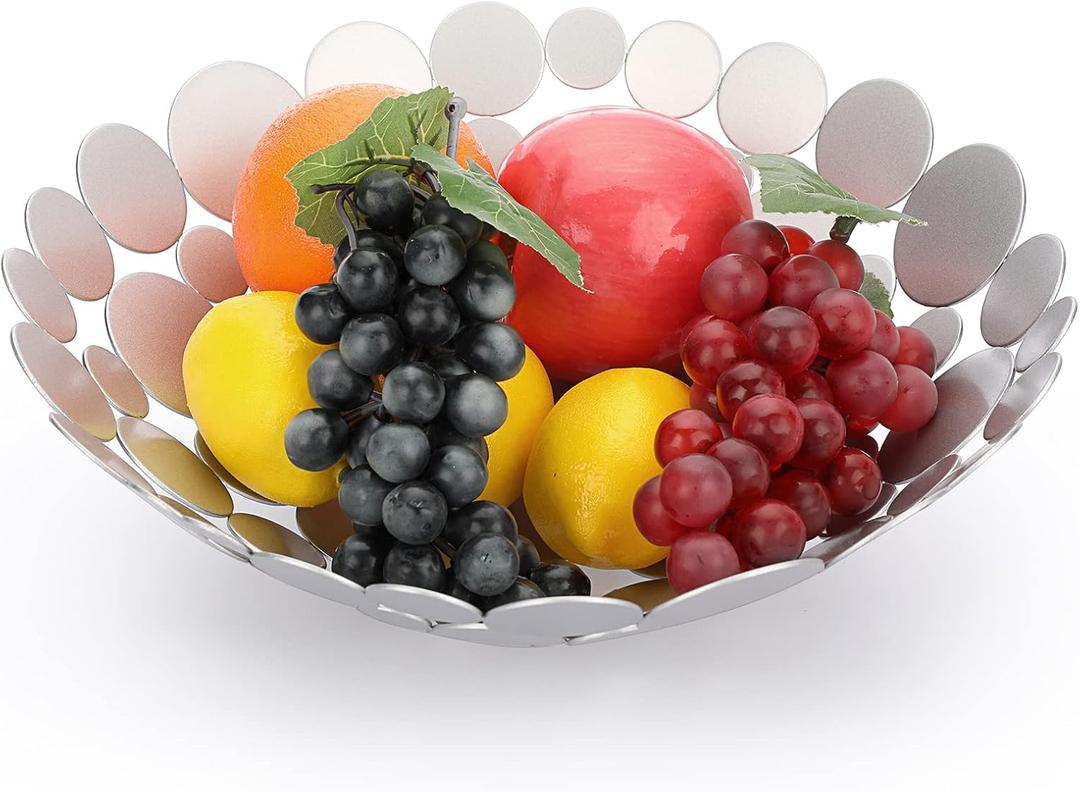 OwnMy Silver-Gray Metal Fruit Bowl Basket Creative Fruit Stand Round Fruit Tray Decorative Home Kitchen Countertop Fruit Holders, Iron Large Fruit Plate Round Storage Tray for Breads Snacks Candy