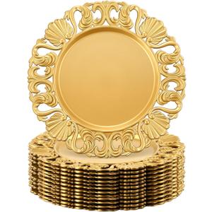 12 Pcs Vintage Gold Charger Plates Bulk 13 Inch Embossed Rim Plastic Round Decorative Plates Charger for Dinner Wedding Party Event Table Setting Decoration (Hollowed out Shell)
