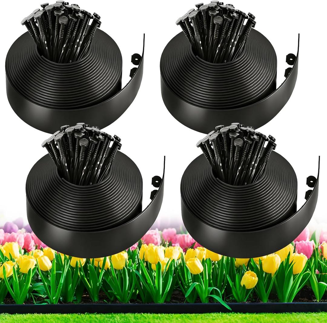 4 Inch Tall Landscape Edging, 132FT Garden Lawn Edging Kit with 120 Spikes, No Dig Plastic Border for Flower Beds, Pathways, Driveways, Weed Barrier