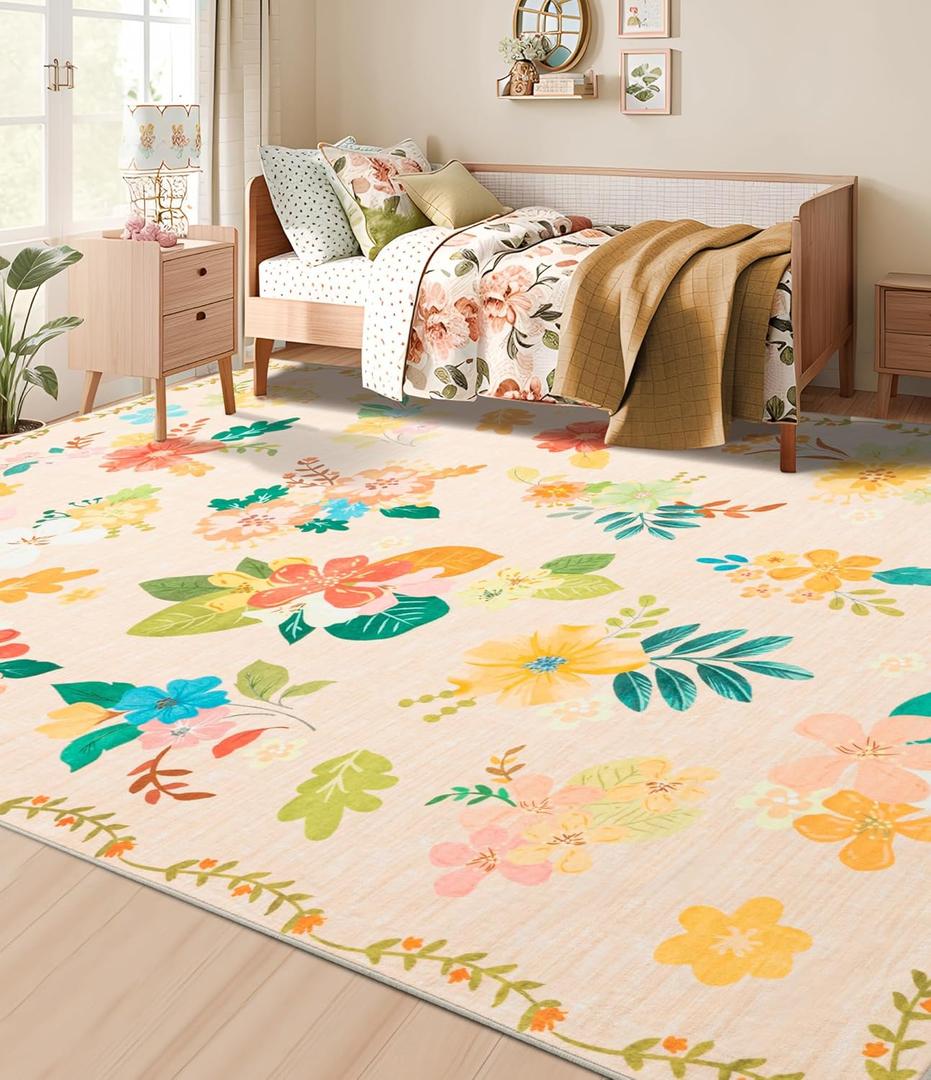 YIHOUSE Floral Print Beige Washable Area Rug 6'x9'- Large Colorful Ultra-Thin Non-Slip Area Rug for Living Room, Bedroom, Nursery Room, Classroom, Playroom,Home Office (Beige, 6x9ft)