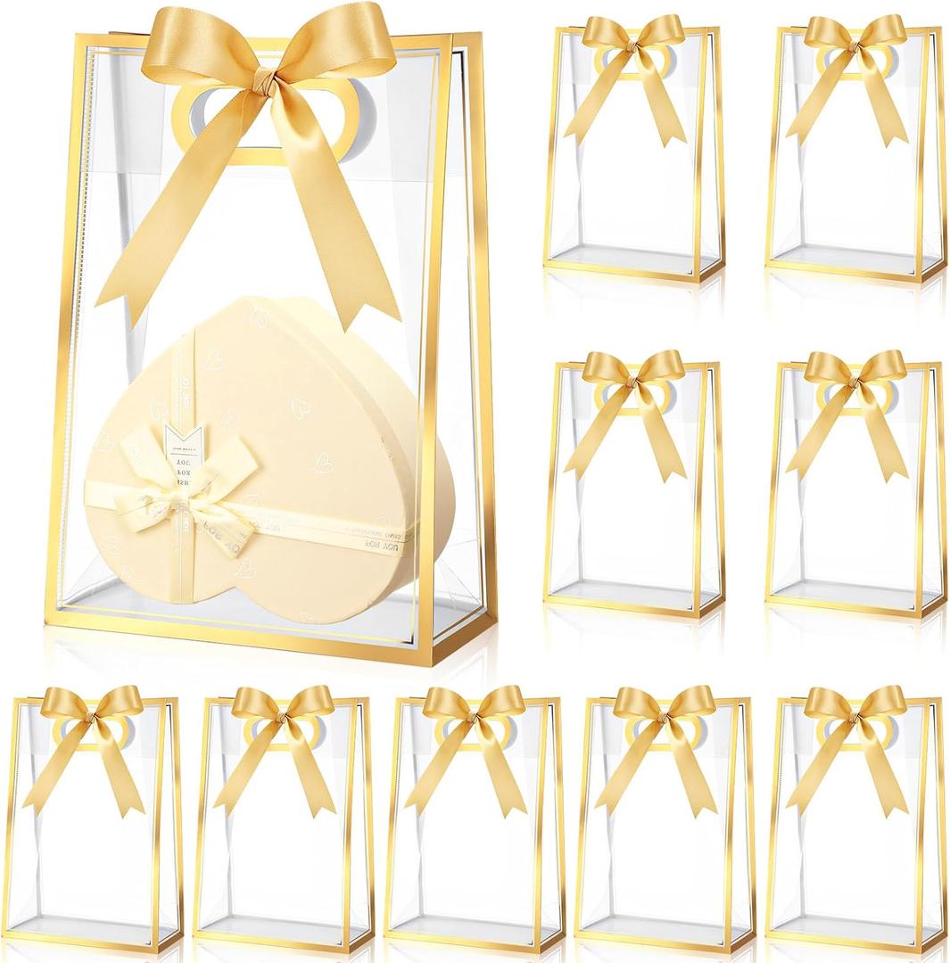 Aliceset 12 Pcs Clear Plastic Gift Bag with Die Cut Handles Graduation Reusable PP Flower Bag with Ribbon for Wedding Bridal Birthday Baby Shower Party Business, 7x10x3.15 Inch(Gold)